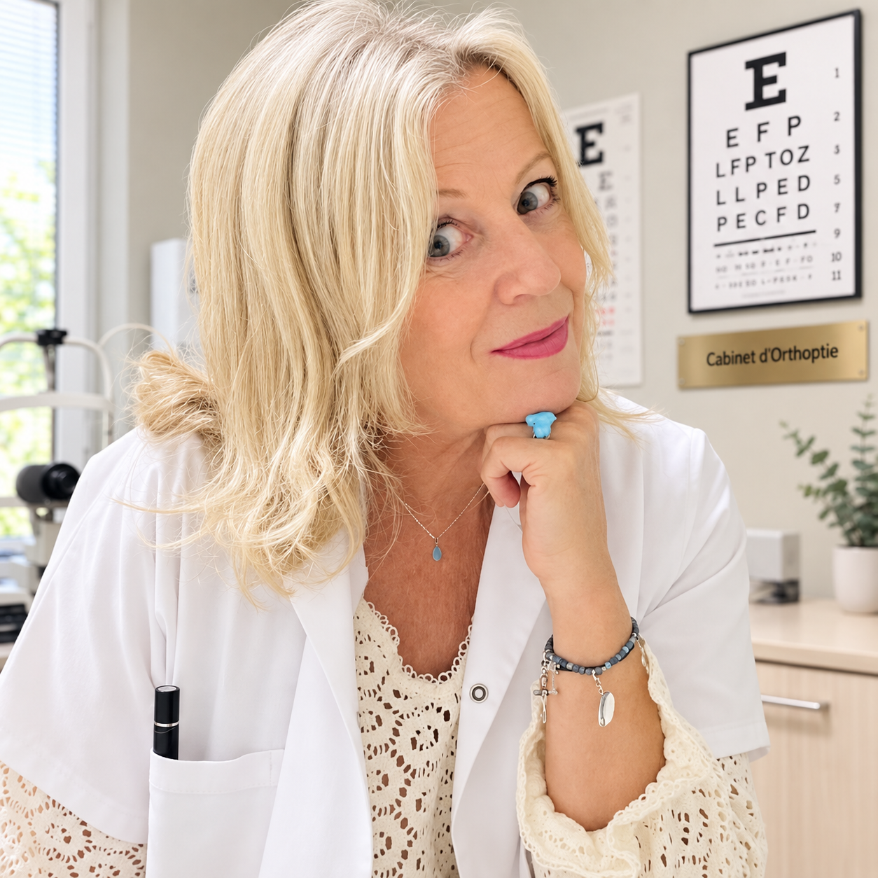 Portrait de Pascale Alessandrini, orthoptiste, coach en vision et créatrice du complément alimentaire « À la santé de vos yeux », dans son cabinet à Pinsaguel